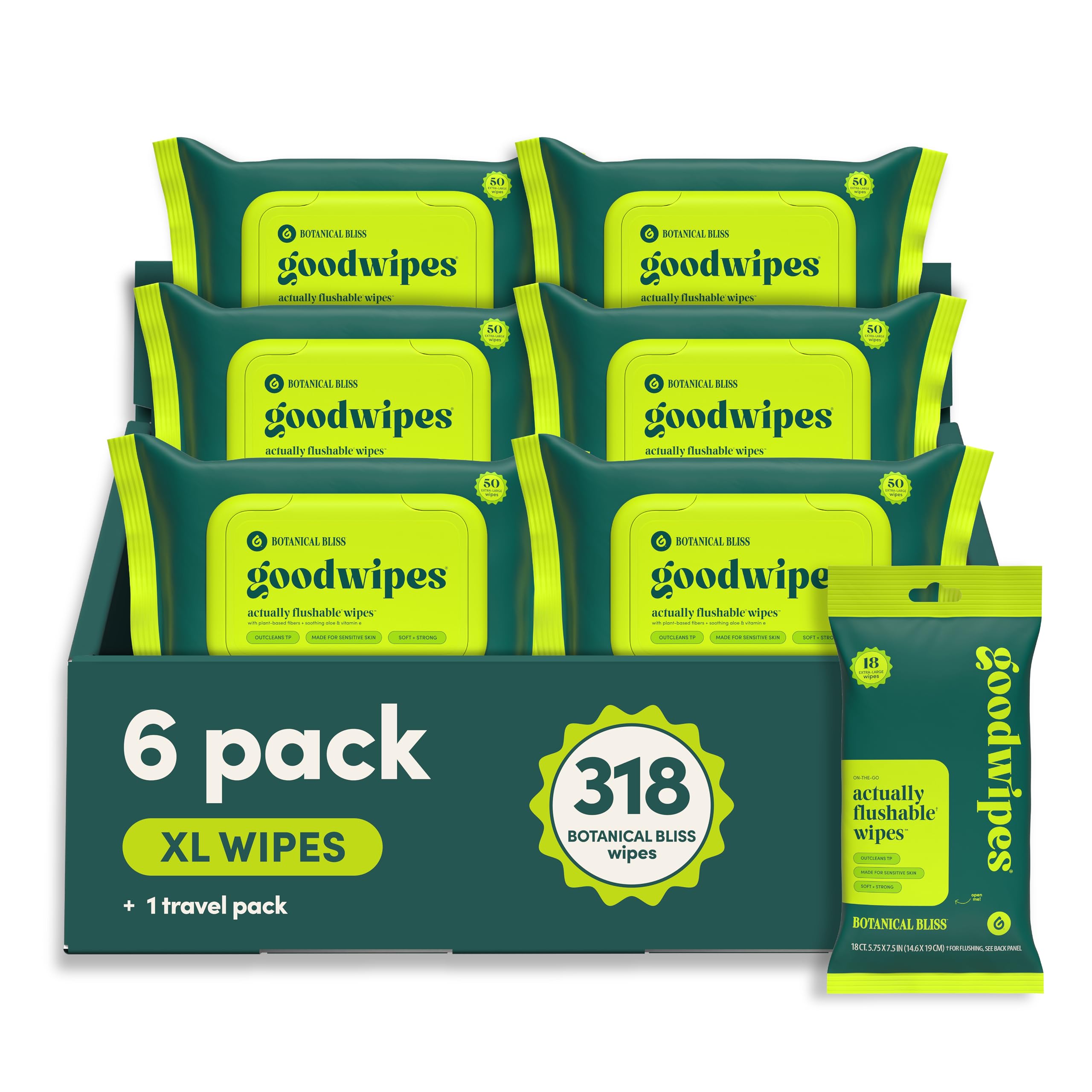goodwipes paquete frontal mostrando 6 envases, higiene práctica