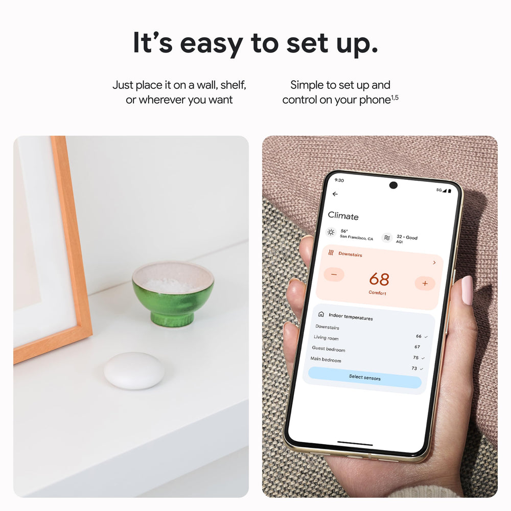 Google Nest sensor en salón junto a sofá demostrando control de temperatura por zonas