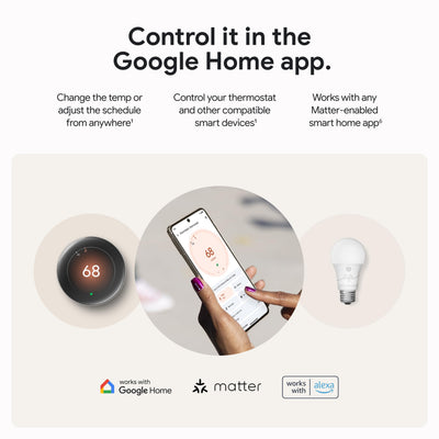 Google Nest thermostat shown in Google Home app for remote control and usage insight
