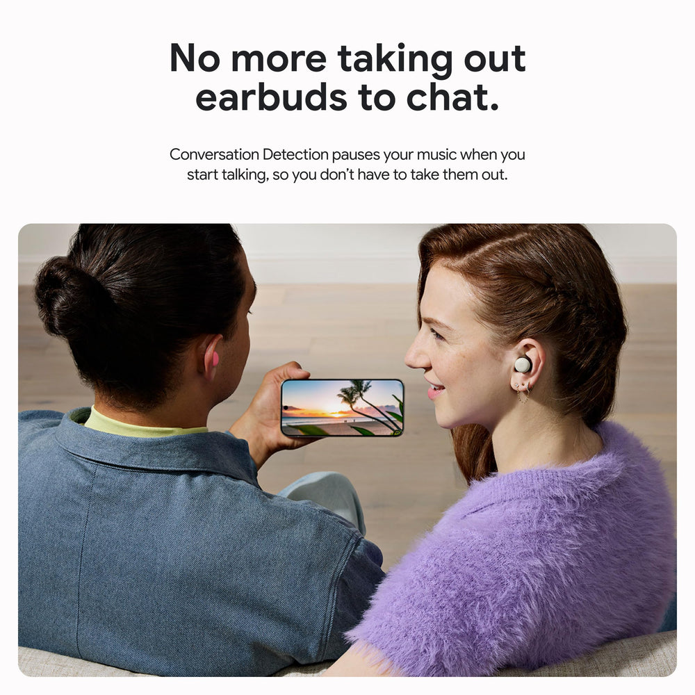 Google Pixel Buds Pro 2 next to smartphone for scale, showing compact portability