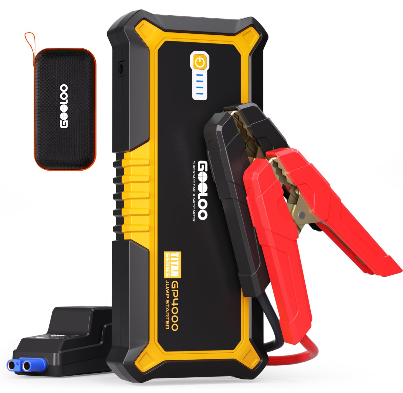 GOOLOO GP4000 front view showing compact jump starter and label, reliable power on hand