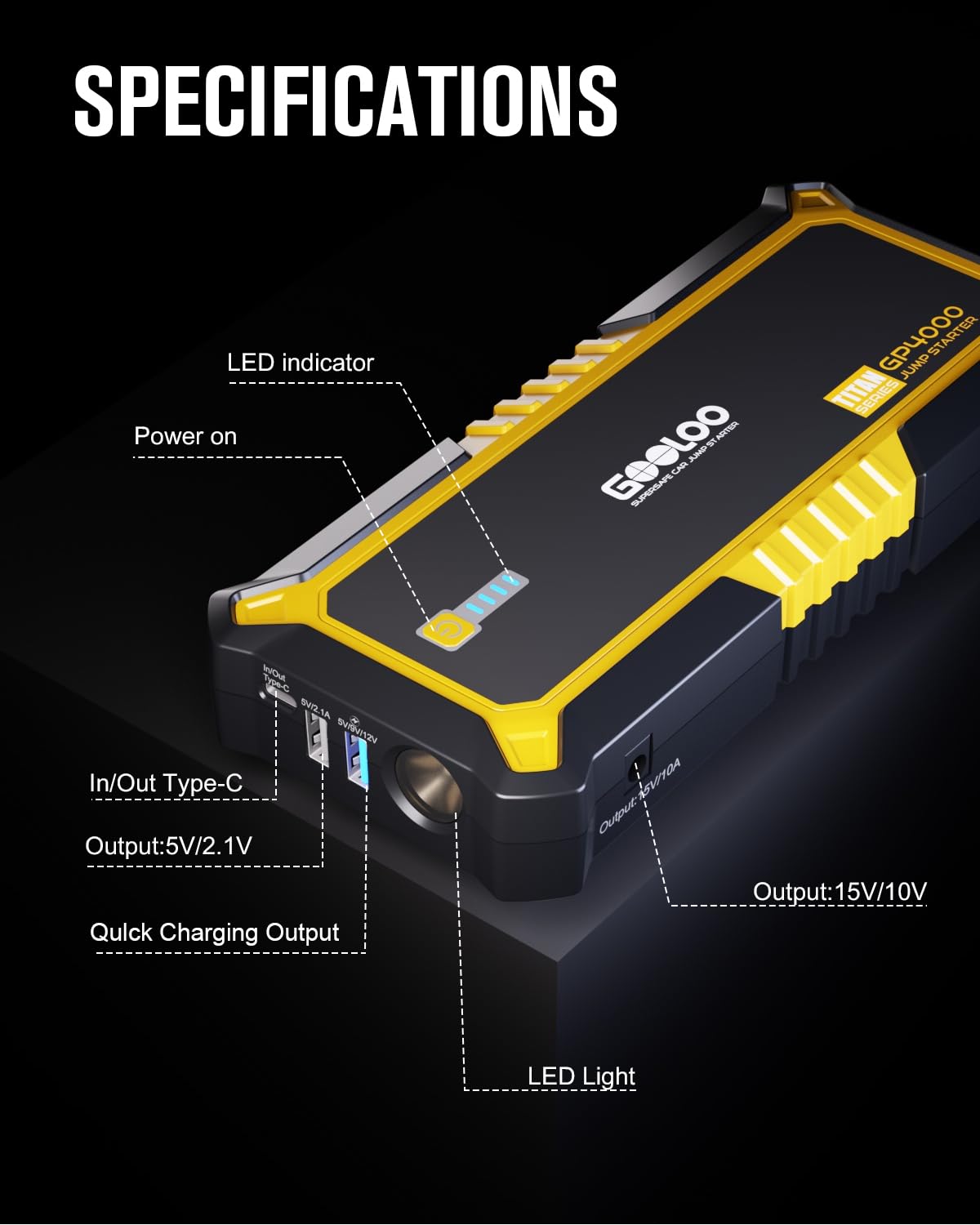GOOLOO GP4000 connected to car battery during jump-start, quick vehicle restart benefit