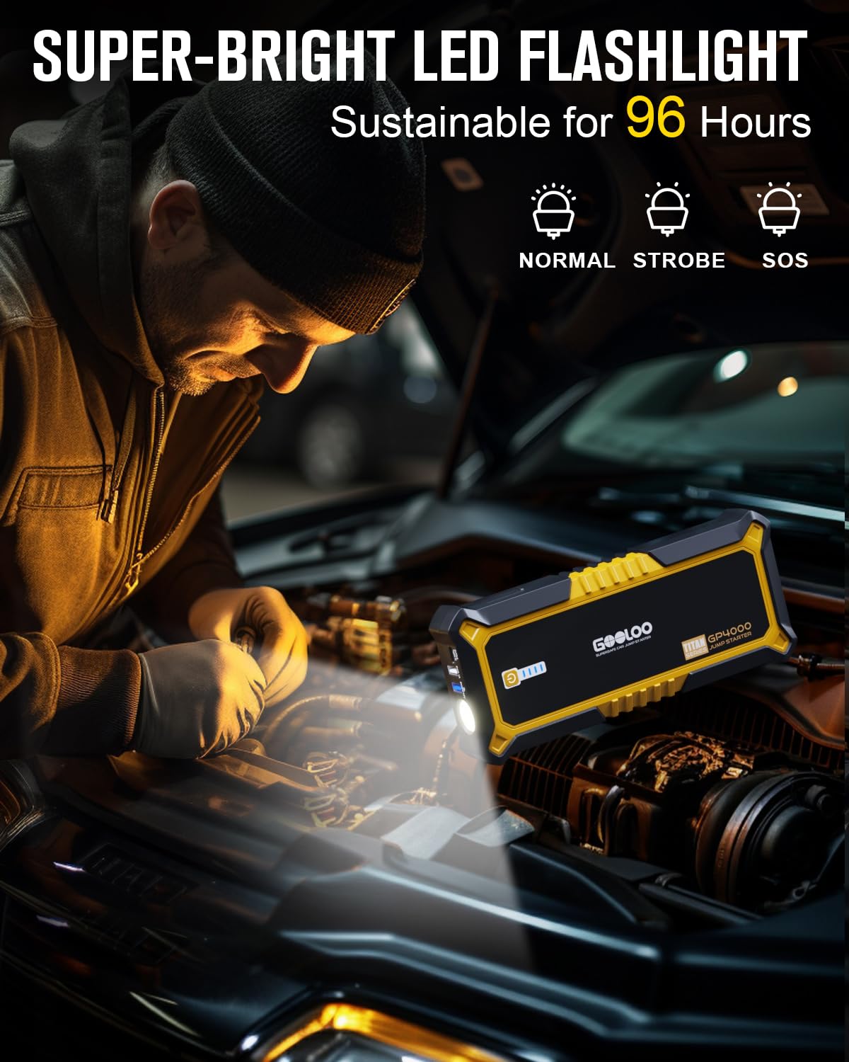 GOOLOO built-in LED flashlight illuminating roadside scene, helps nighttime emergencies