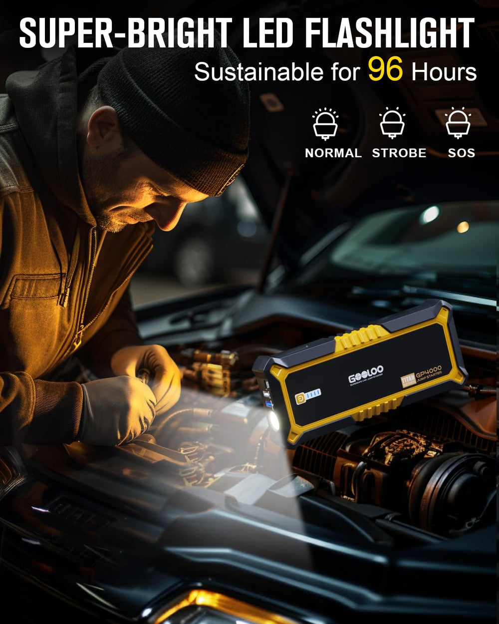 GOOLOO built-in LED flashlight illuminating roadside scene, helps nighttime emergencies