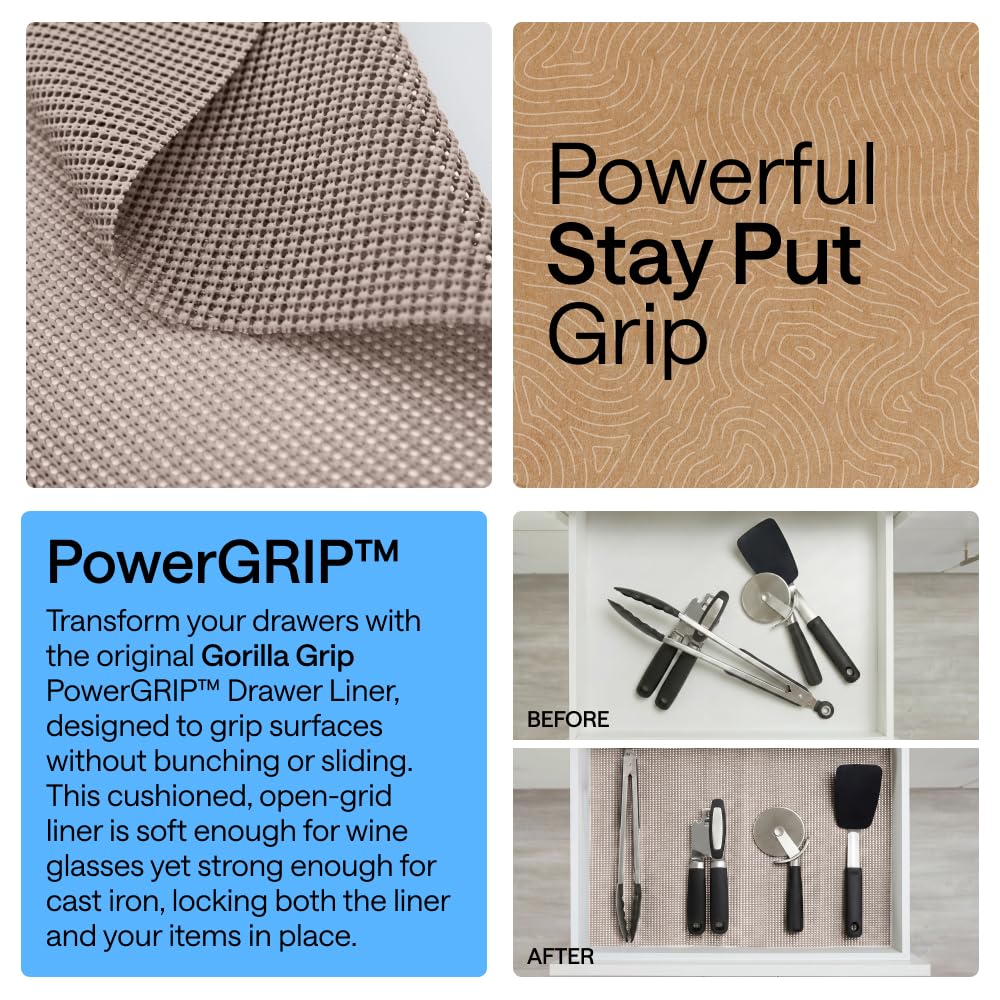 GORILLA GRIP forro colocado en cajón evitando que utensilios se deslicen