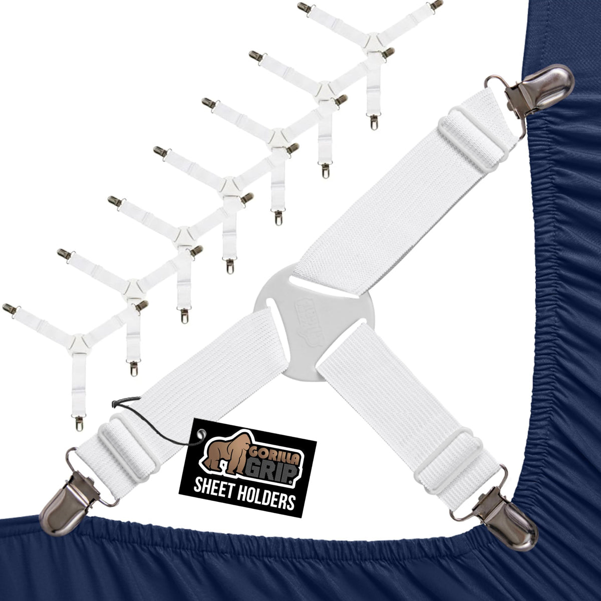 GORILLA GRIP paquete frontal mostrando ocho sujetadores, mantén sábanas firmes