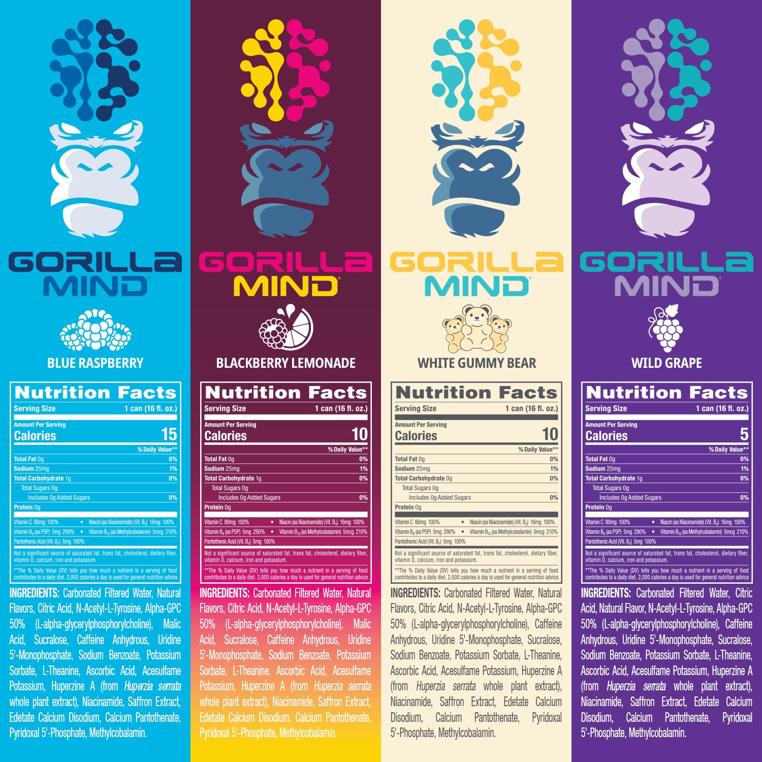 Gorilla Mind energy open can pouring into glass highlighting clean, clear beverage