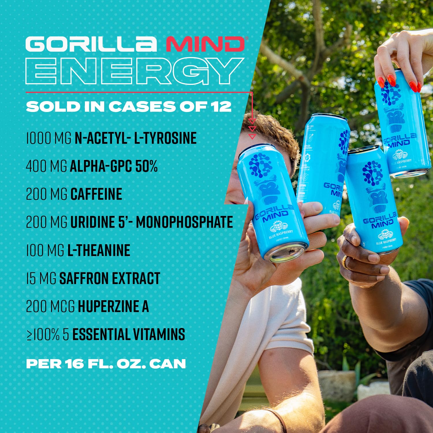 Gorilla Mind energy can held in hand to illustrate 16oz size and portability