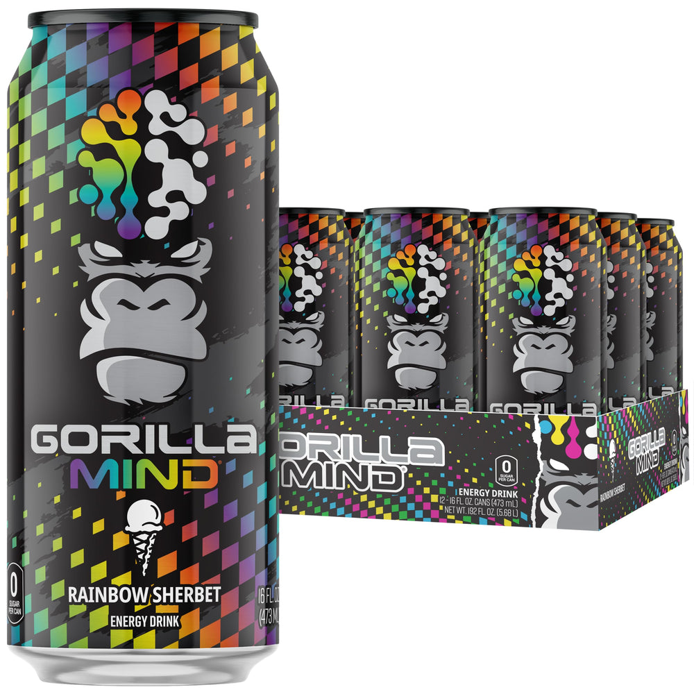 Gorilla Mind front can view showing Rainbow Sherbet branding and sugar-free benefits