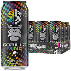 Gorilla Mind front can view showing Rainbow Sherbet branding and sugar-free benefits