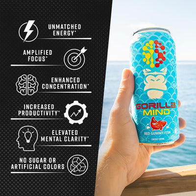 Gorilla Mind can on a desk beside laptop demonstrating focus and productive energy