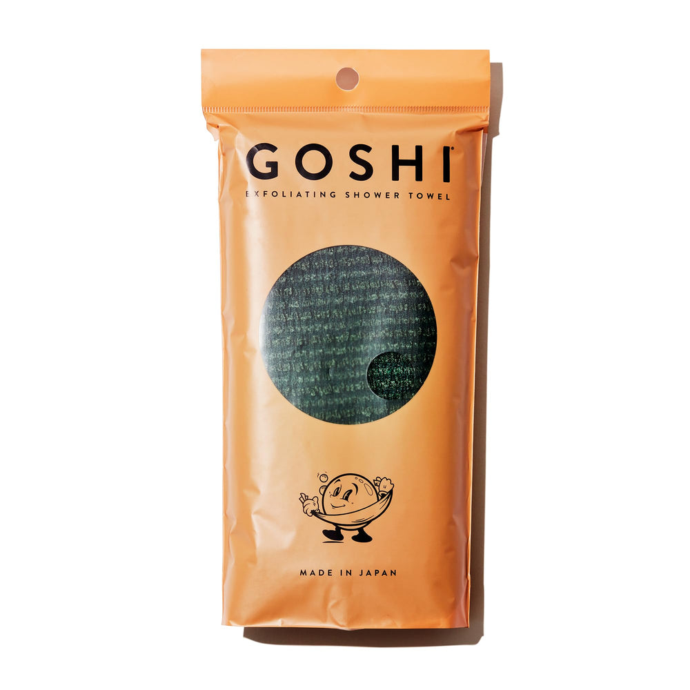GOSHI toalla exfoliante frontal mostrando diseño y color verde, fácil agarre