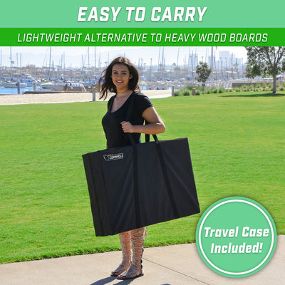 GoSports boards next to a foot and bag showing 3 x 2 ft scale and travel convenience