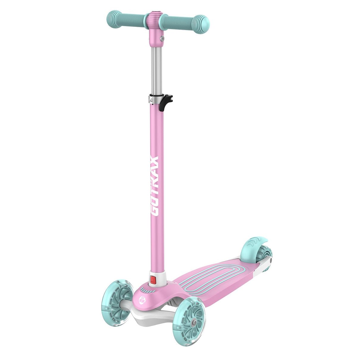 Gotrax KS1 front profile showing stable three-wheel design and bright LED wheels