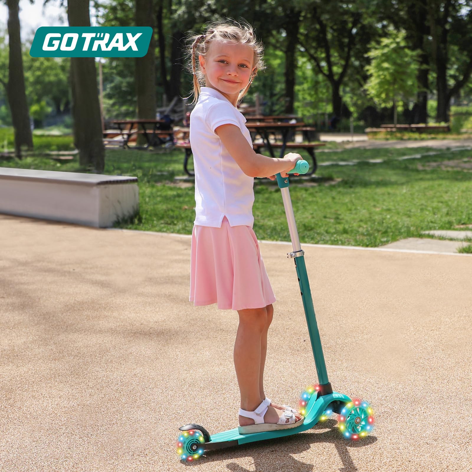 Gotrax KS1 child riding on sidewalk showcasing smooth ride and balance learning