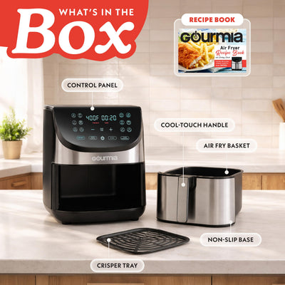 Gourmia side profile with stainless accents showing compact countertop fit