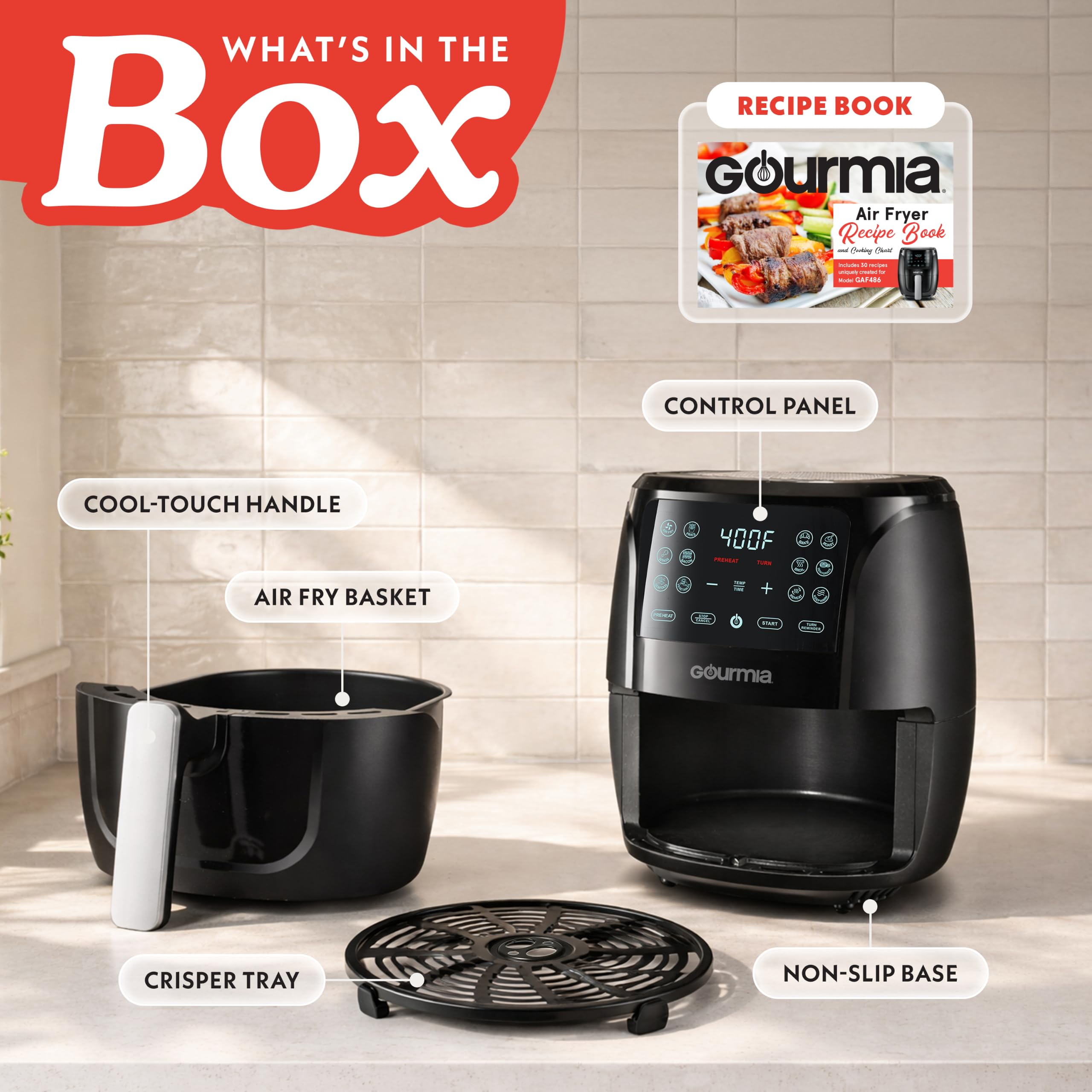 Gourmia junto a objetos para comparar tamaño ideal para encimeras pequeñas