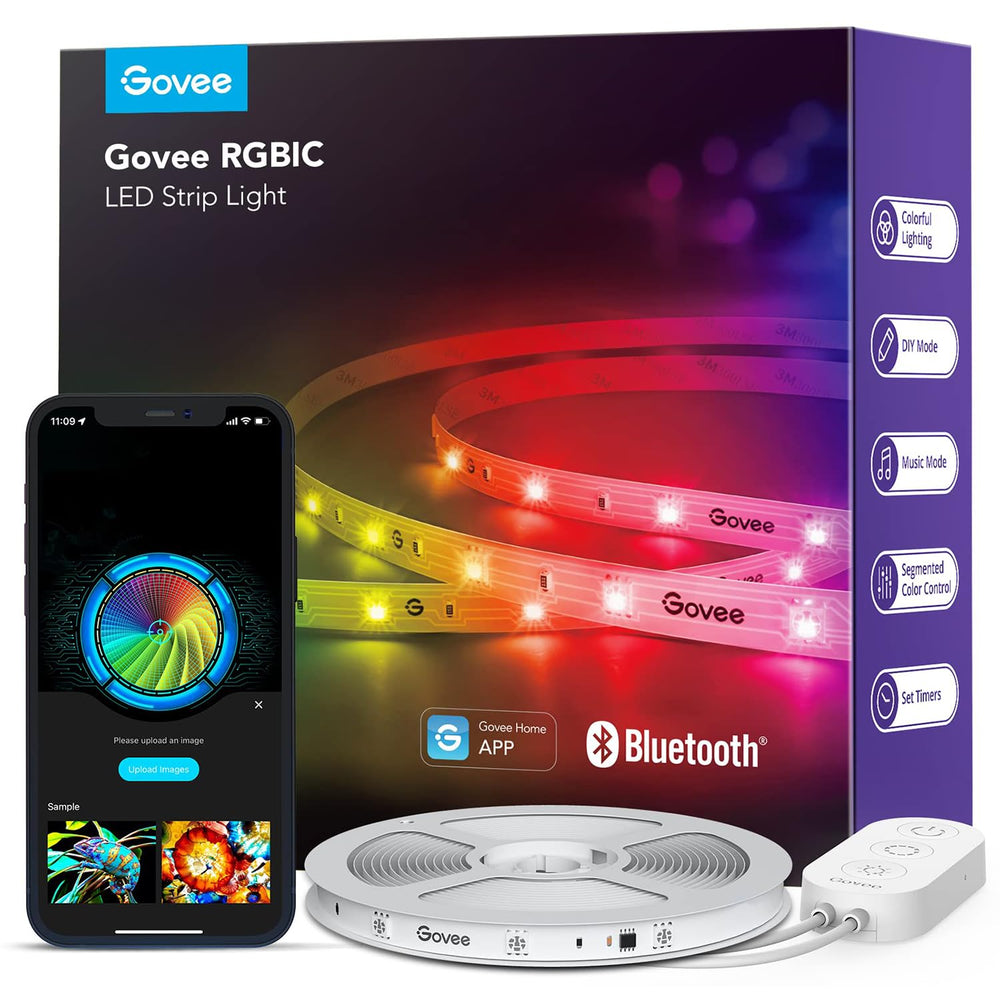 Govee caja frontal de la tira LED mostrando longitud y beneficios decorativos
