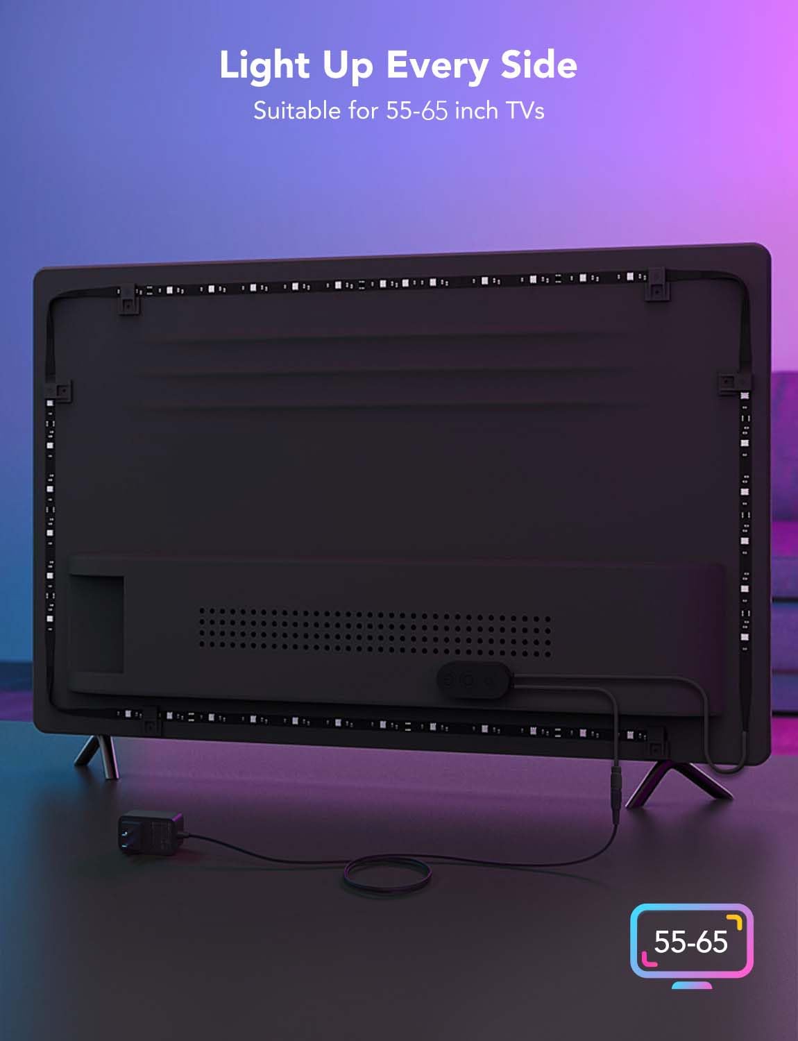 Govee strip next to a 55–65 inch TV showing correct coverage