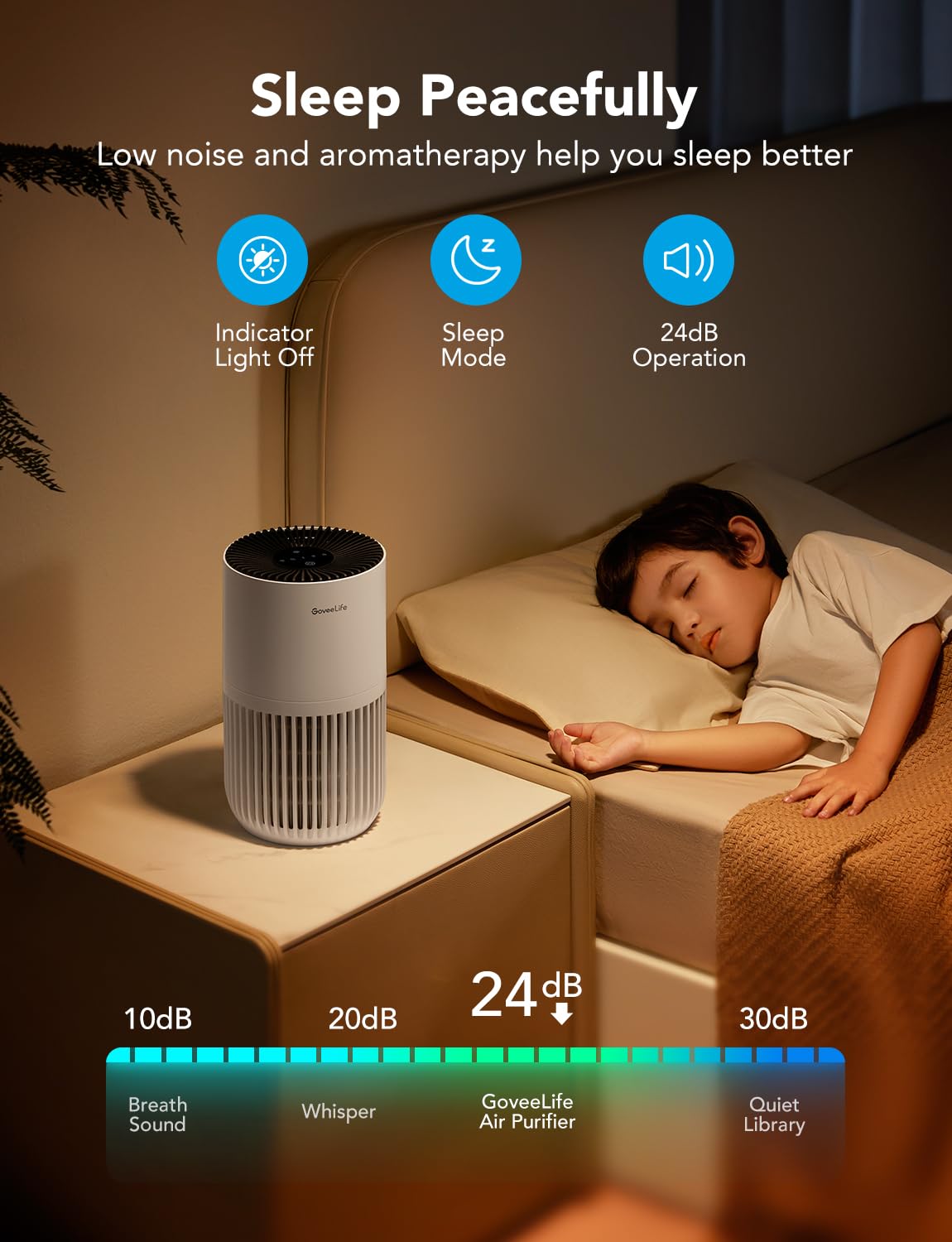 GoveeLife purificador en dormitorio nocturno nivel bajo de ruido para dormir tranquilo