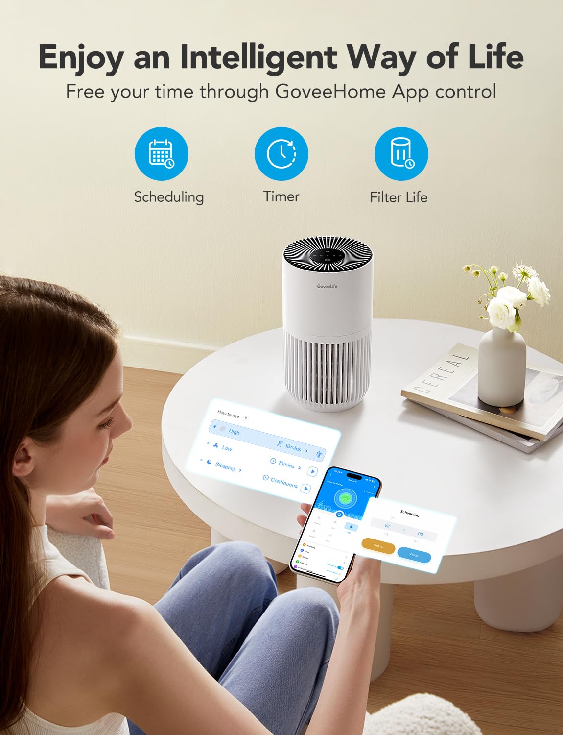 GoveeLife detalle del filtro preinstalado que facilita reemplazo y filtrado efectivo