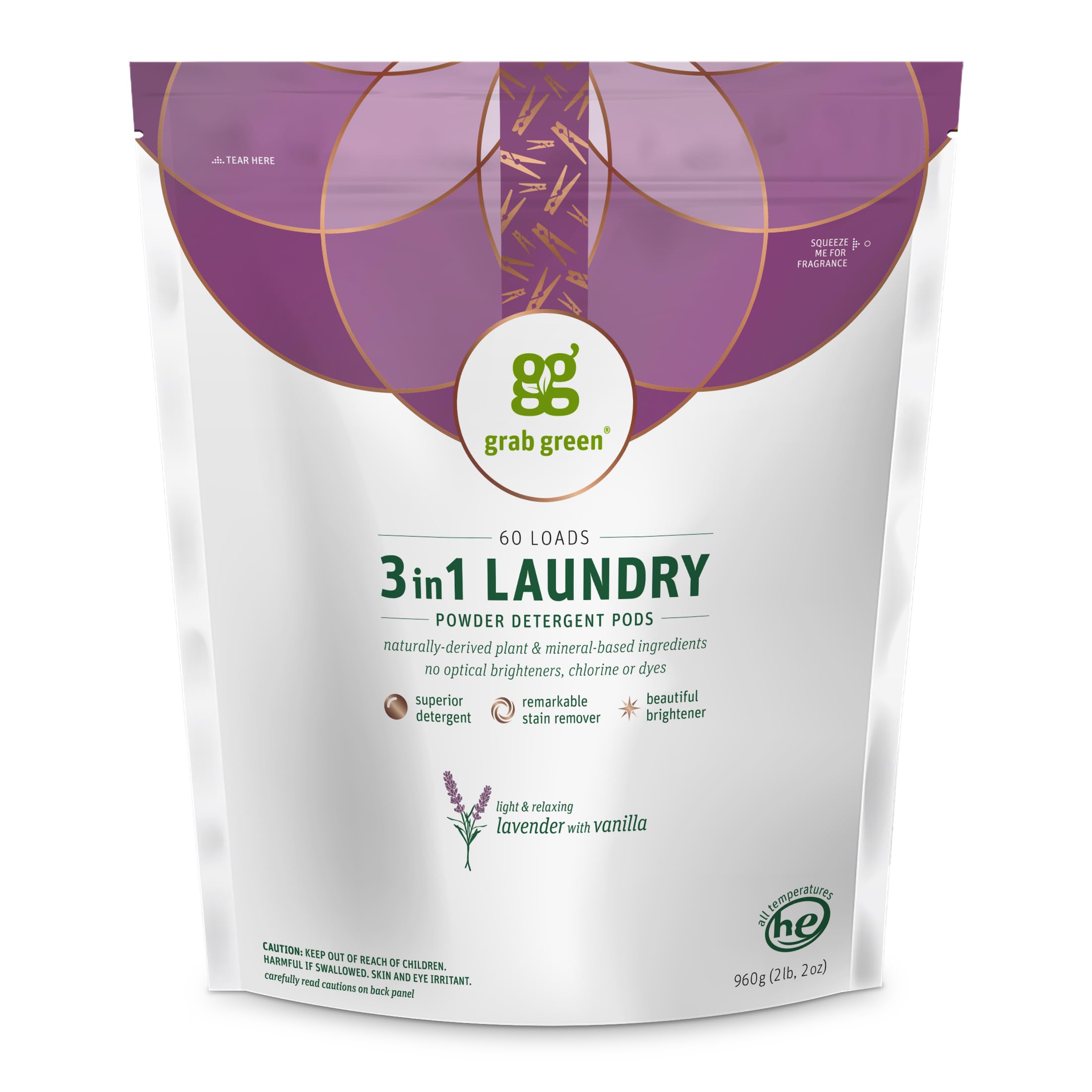 Grab Green tub front view showing Lavender + Vanilla scent and 60-count convenience