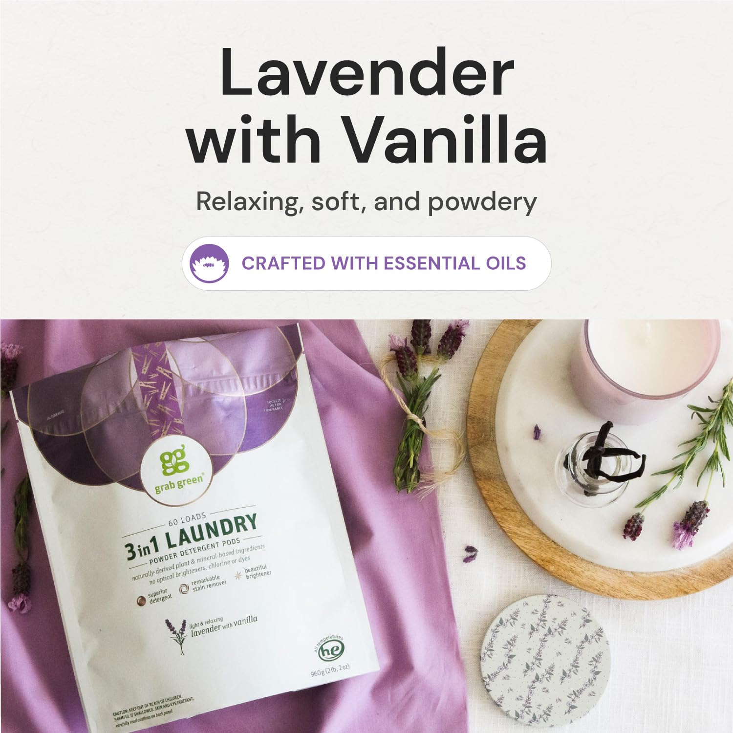 Grab Green product label with ingredient claims and cruelty-free icons for transparency