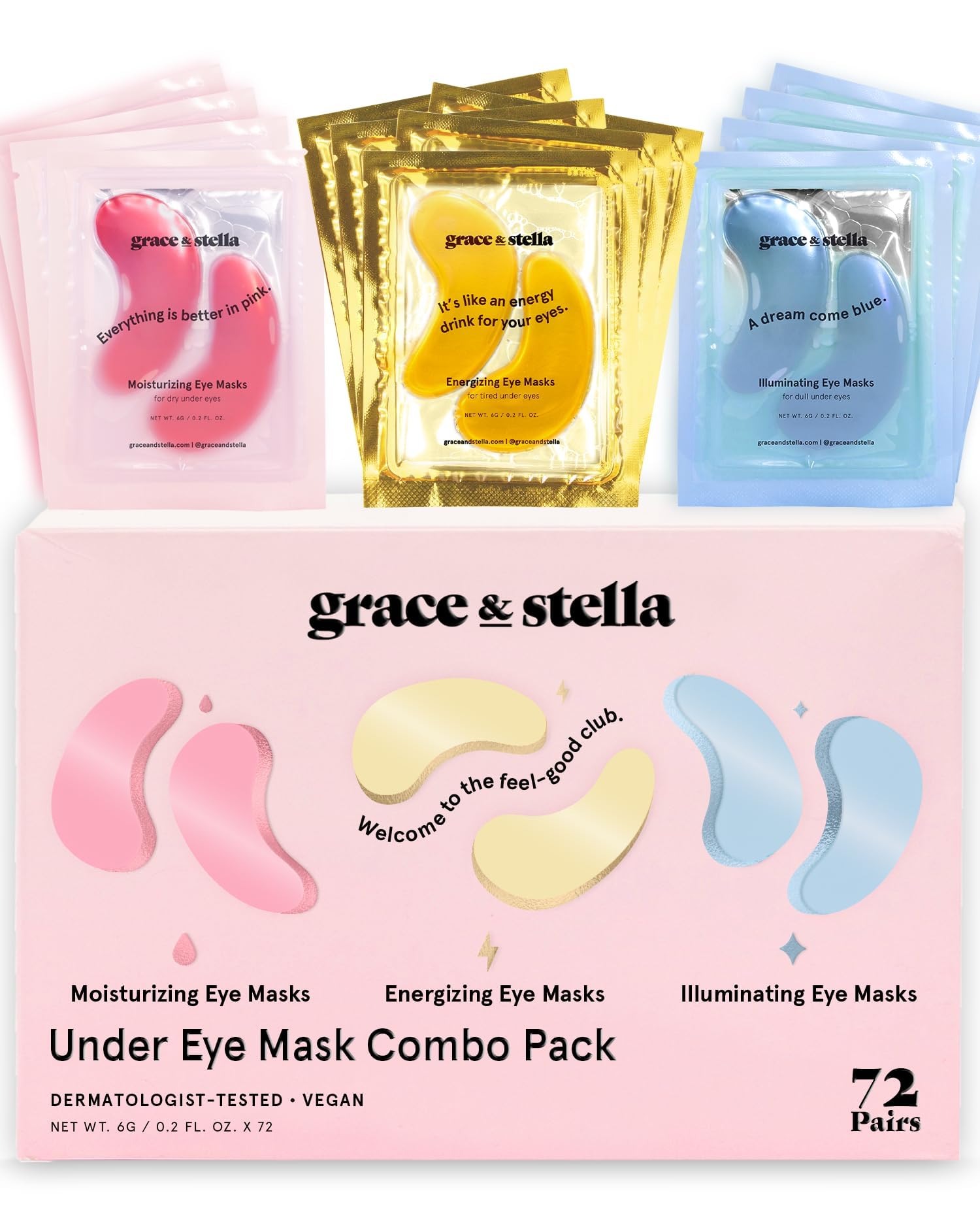 grace & stella front packaging showing 72 pairs and multiple colors for gifting
