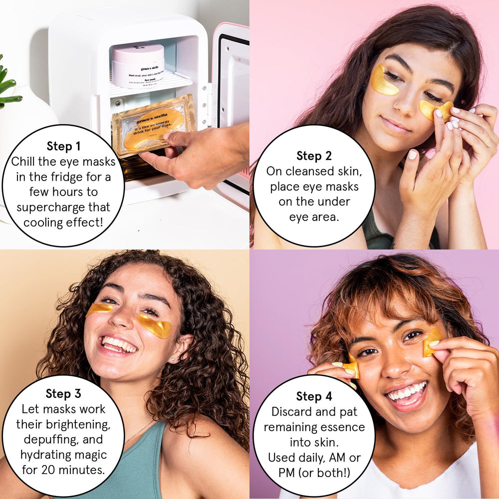 grace & stella patches applied under eyes demonstrating quick at-home refresh