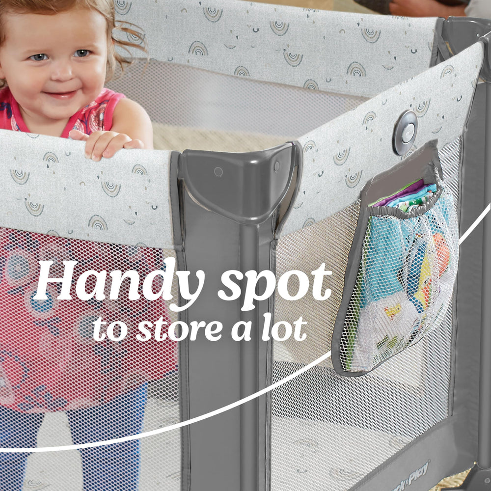 Graco Kolb mesh storage pouch holding wipes and toys for quick access benefit