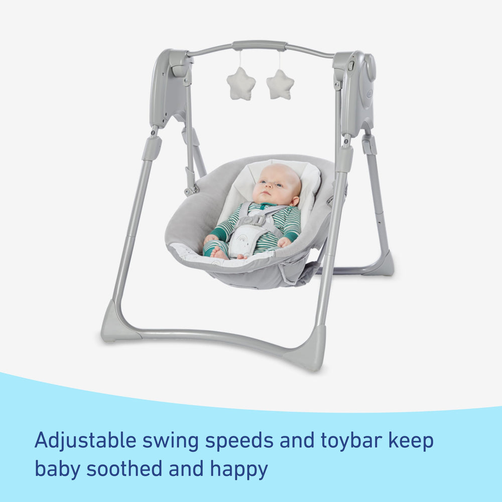 Graco Slim Spaces overhead toy bar with two soft toys for baby engagement