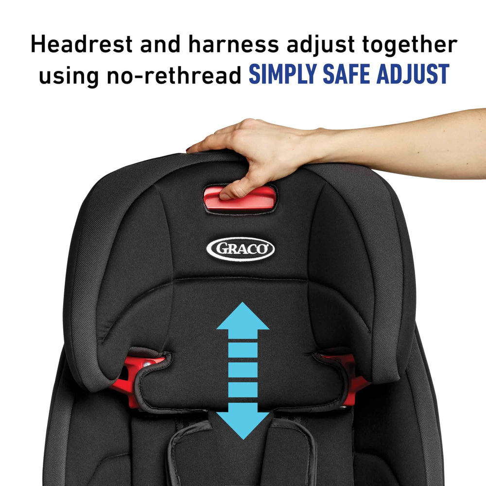 Graco close-up of adjustable headrest showing nine-position height for proper fit
