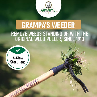 Grampa's Weeder bamboo handle close-up for lightweight comfortable grip benefit