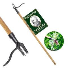 Grampa's Weeder front view showing full tool and easy stand-up benefit