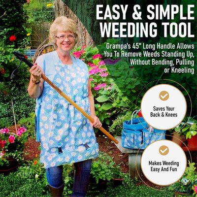 Grampa's Weeder next to a shoe for scale to demonstrate 45-inch reach benefit