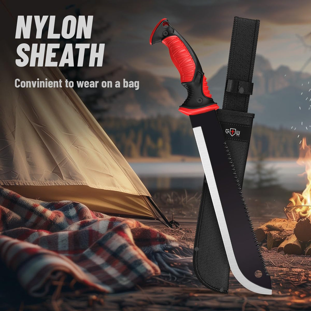 Grand Way machete on campsite table demonstrating multi-tool utility