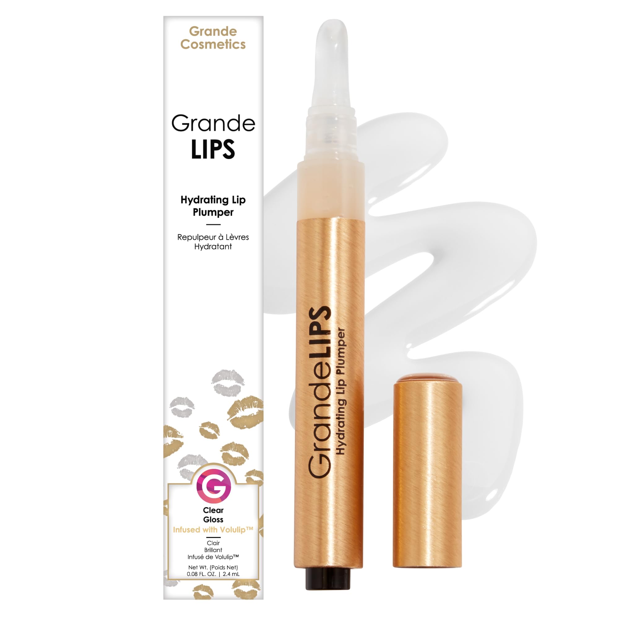 Grande Cosmetics primer plano del empaque frontal mostrando brillo claro y diseño