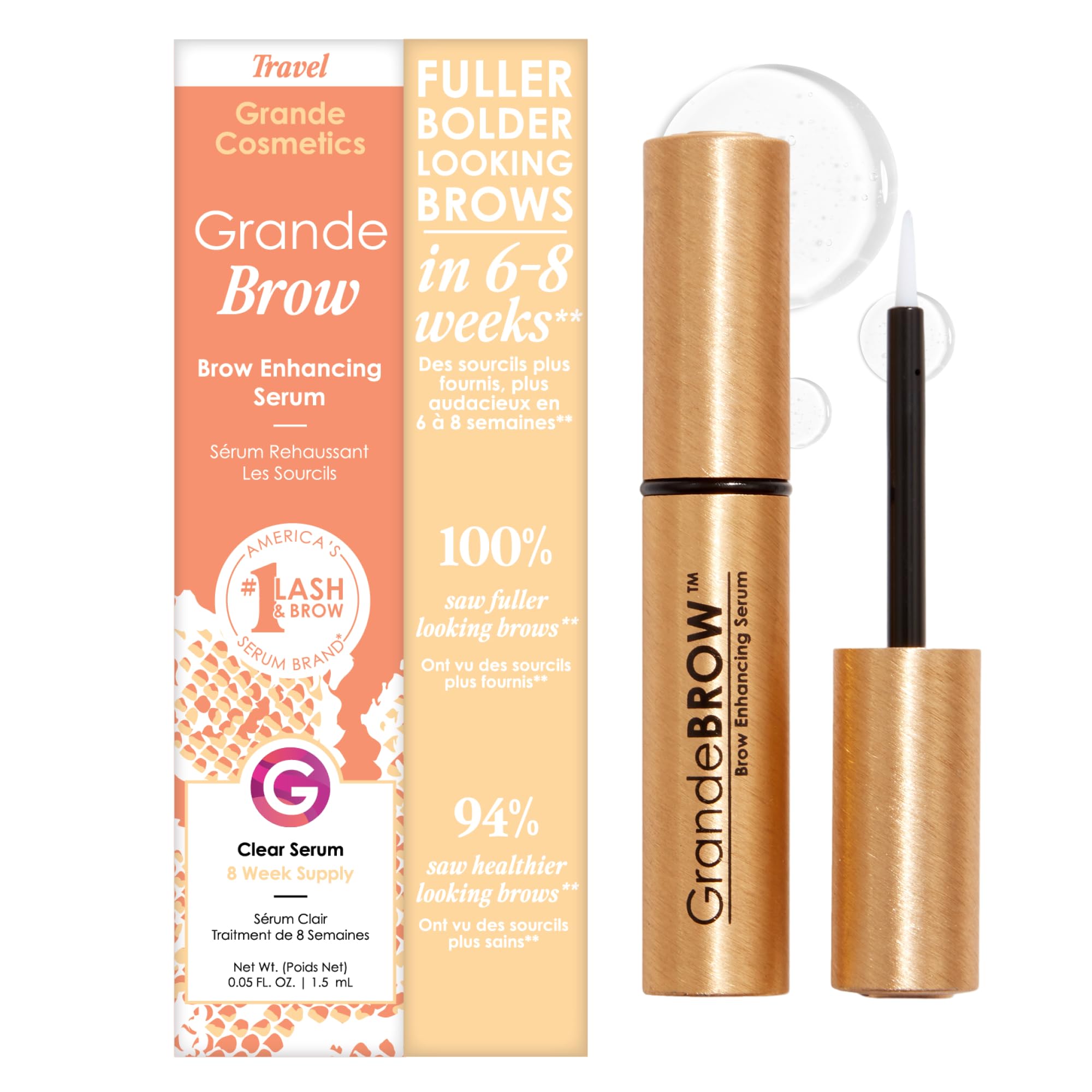 Grande Cosmetics frontal del empaque mostrando tamaño y beneficio visual