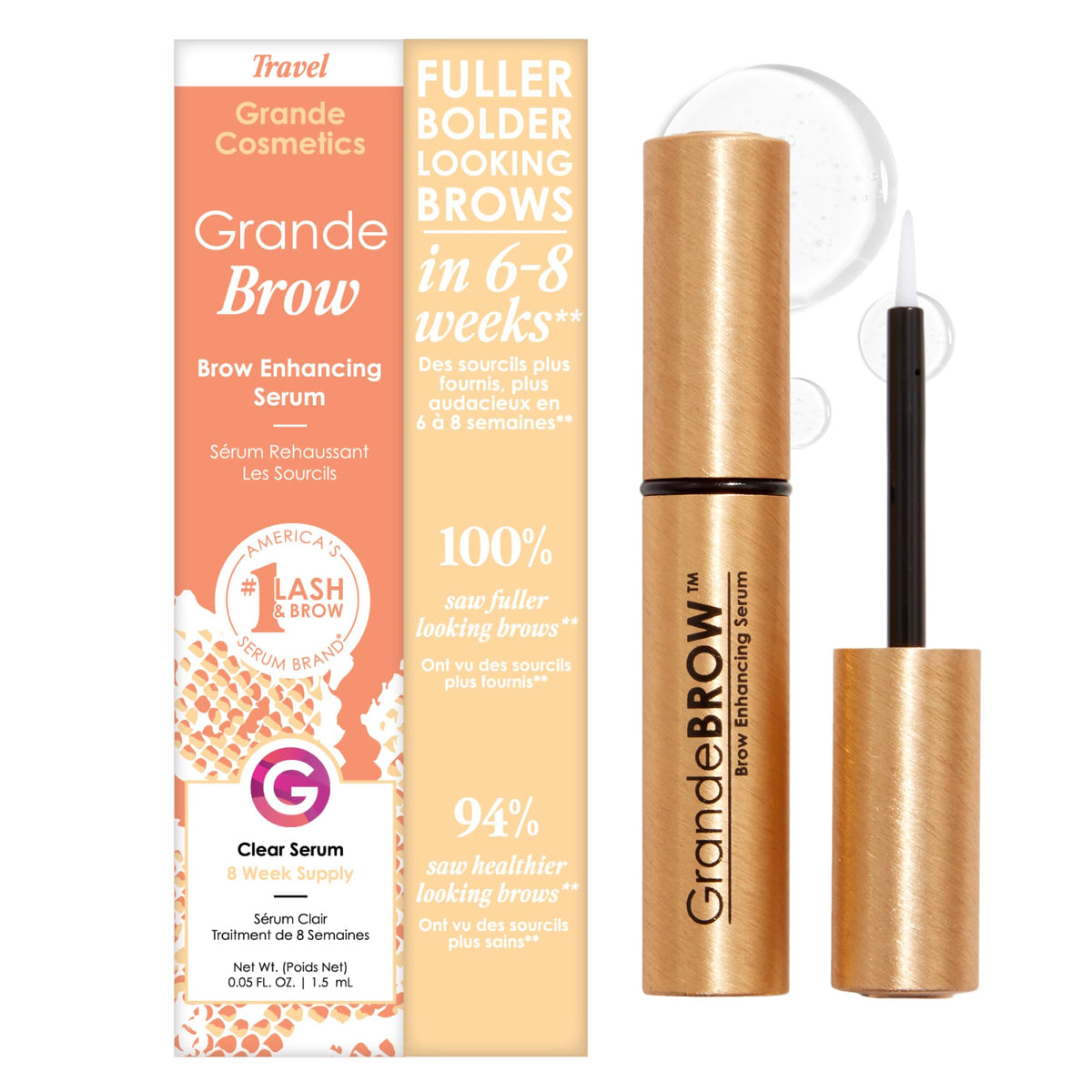 Grande Cosmetics frontal del empaque mostrando tamaño y beneficio visual