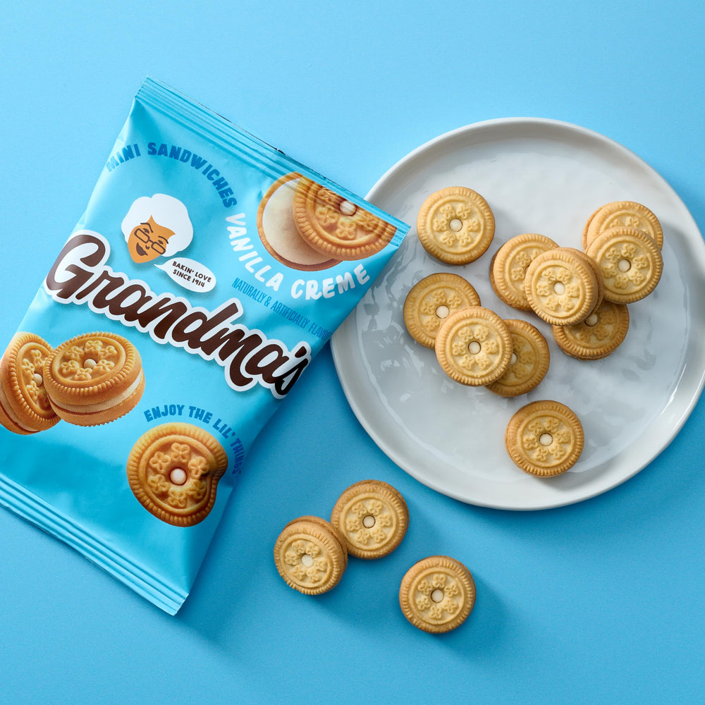 Grandma's etiqueta del paquete con lista de sabores y cantidades