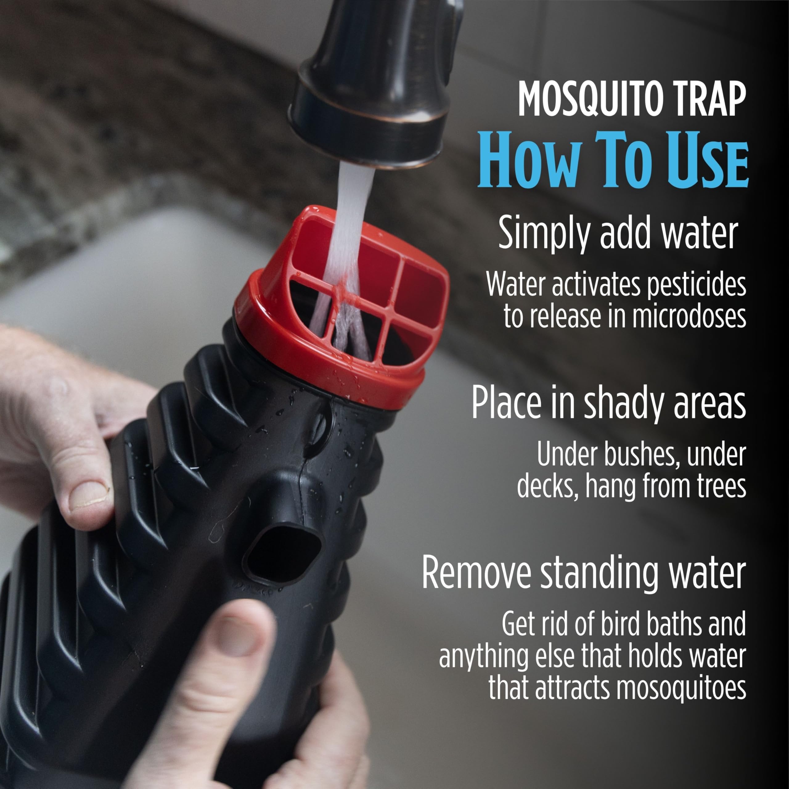 Grandpa Gus's trampa colocada en jardín demostrando control localizado de mosquitos
