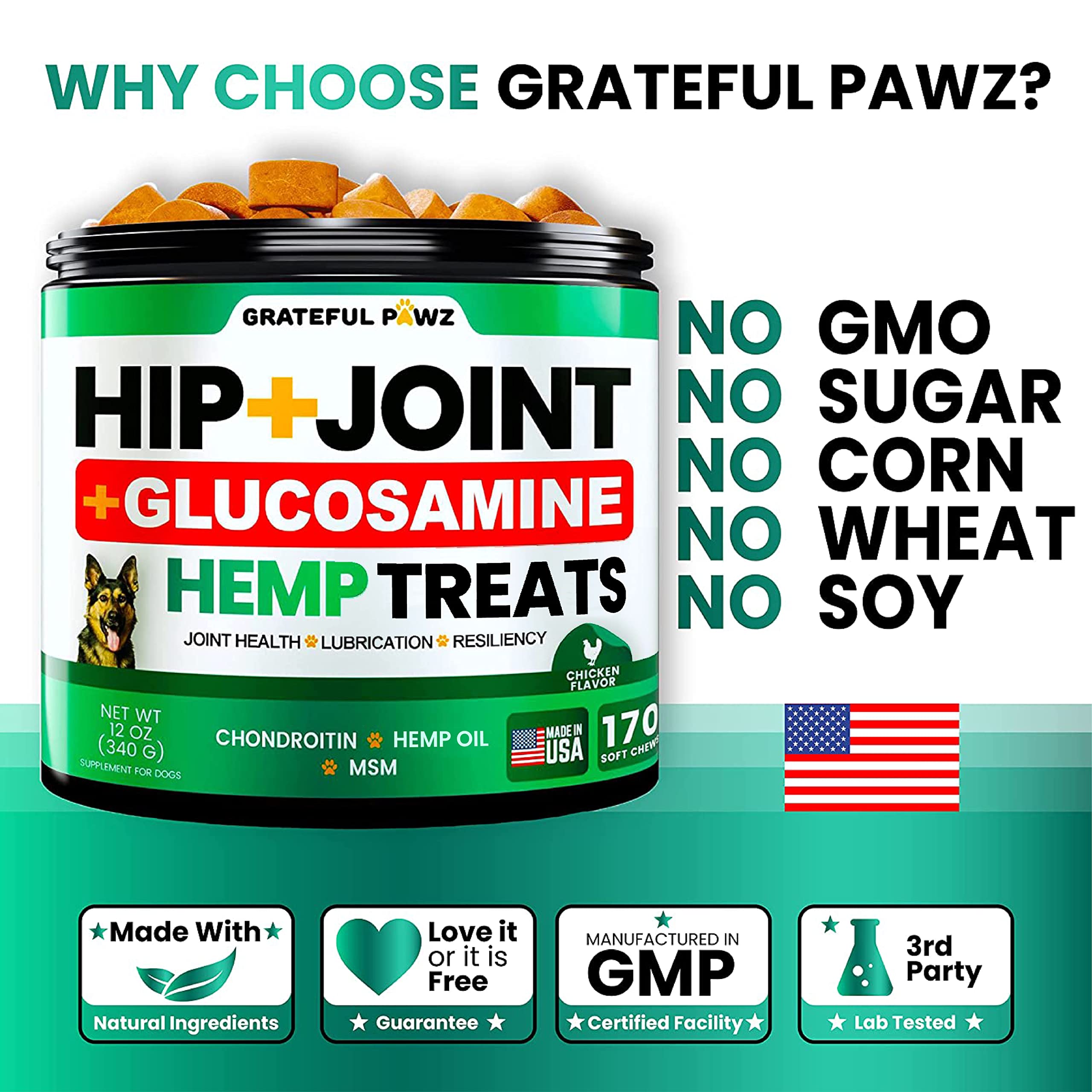 Grateful Pawz open jar with 170 chews, shows long-lasting supply convenience