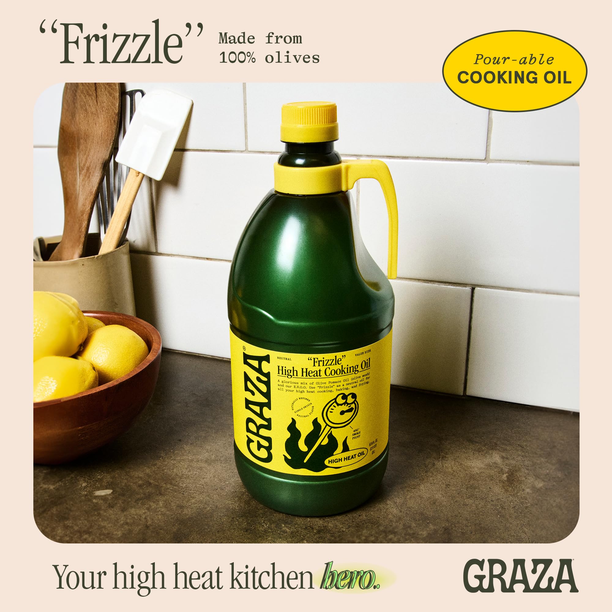 Graza Frizzle oil pouring stream into pan demonstrating smooth pour and control