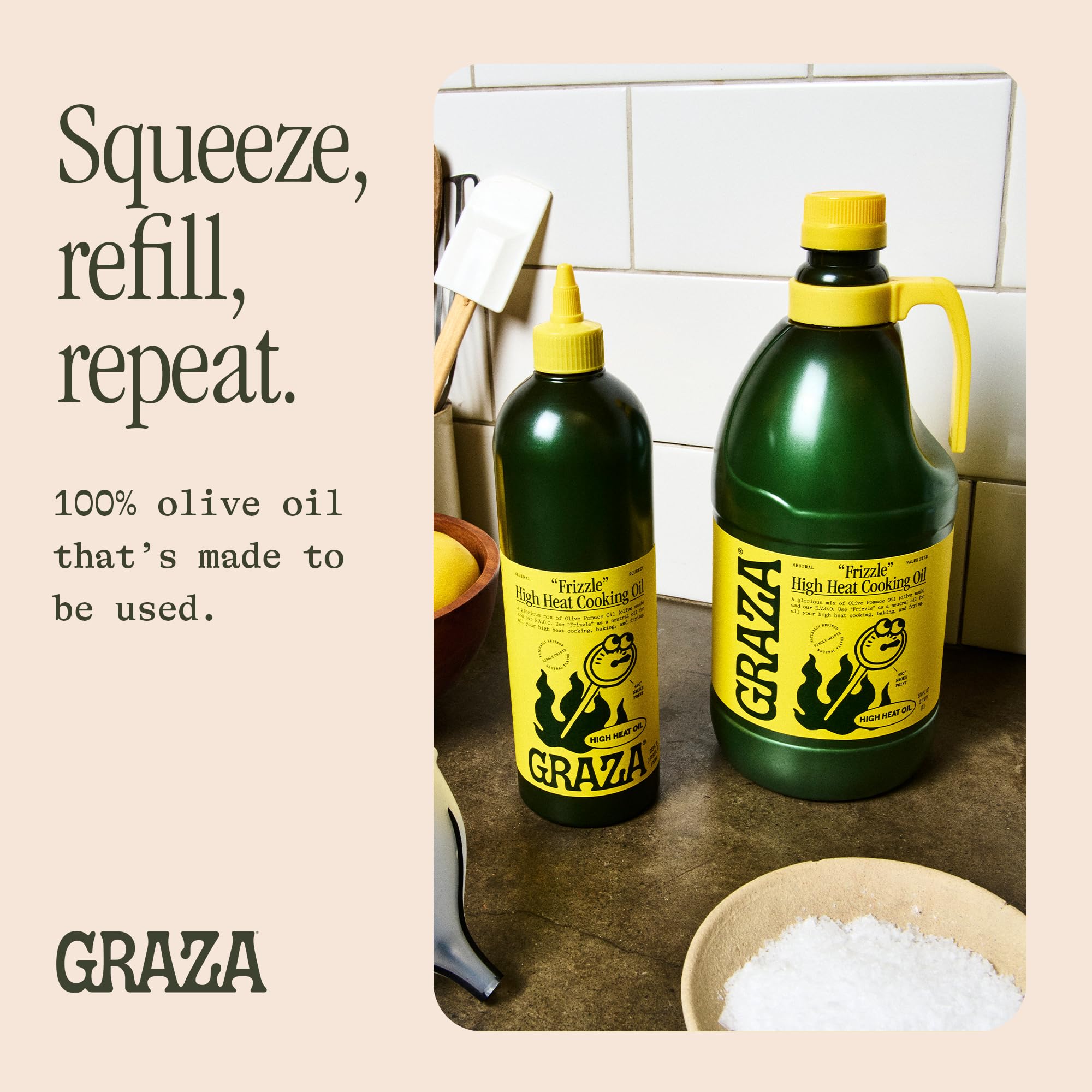 Graza Frizzle beside measuring cup showing 2L size and value for households