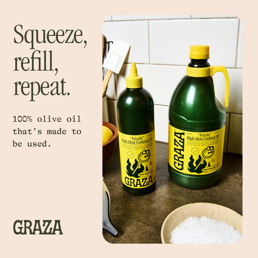 Graza Frizzle beside measuring cup showing 2L size and value for households
