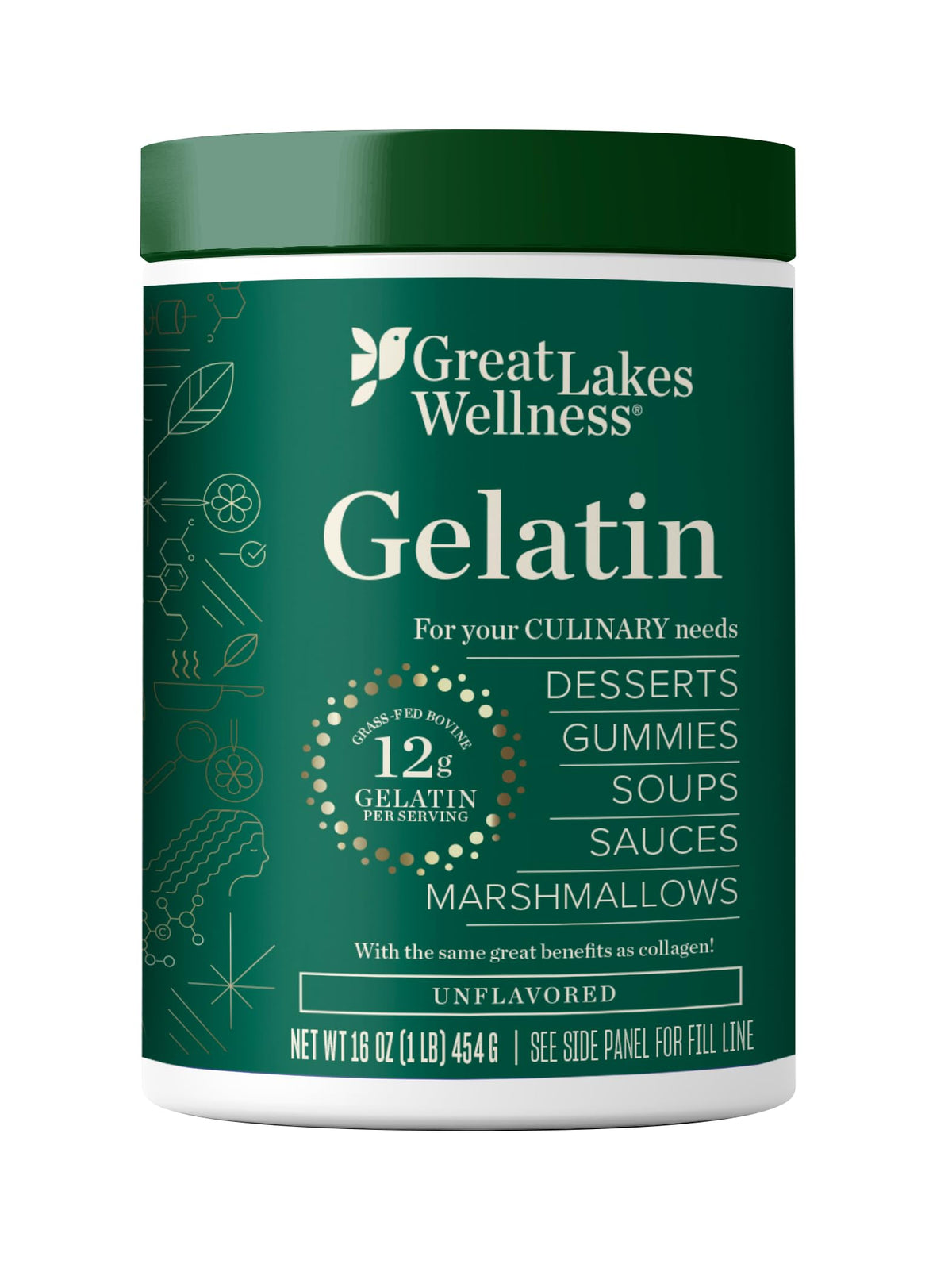 Great Lakes Gelatin empaque frontal y tamaño 16 oz, práctico y sellado