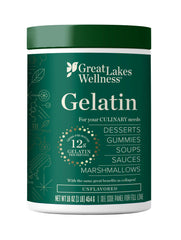 Great Lakes Gelatin empaque frontal y tamaño 16 oz, práctico y sellado