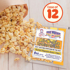 Great Northern close-up of kernels, coconut oil and butter salt highlighting convenience