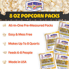 Great Northern packet being poured into a popcorn machine offering fast popping