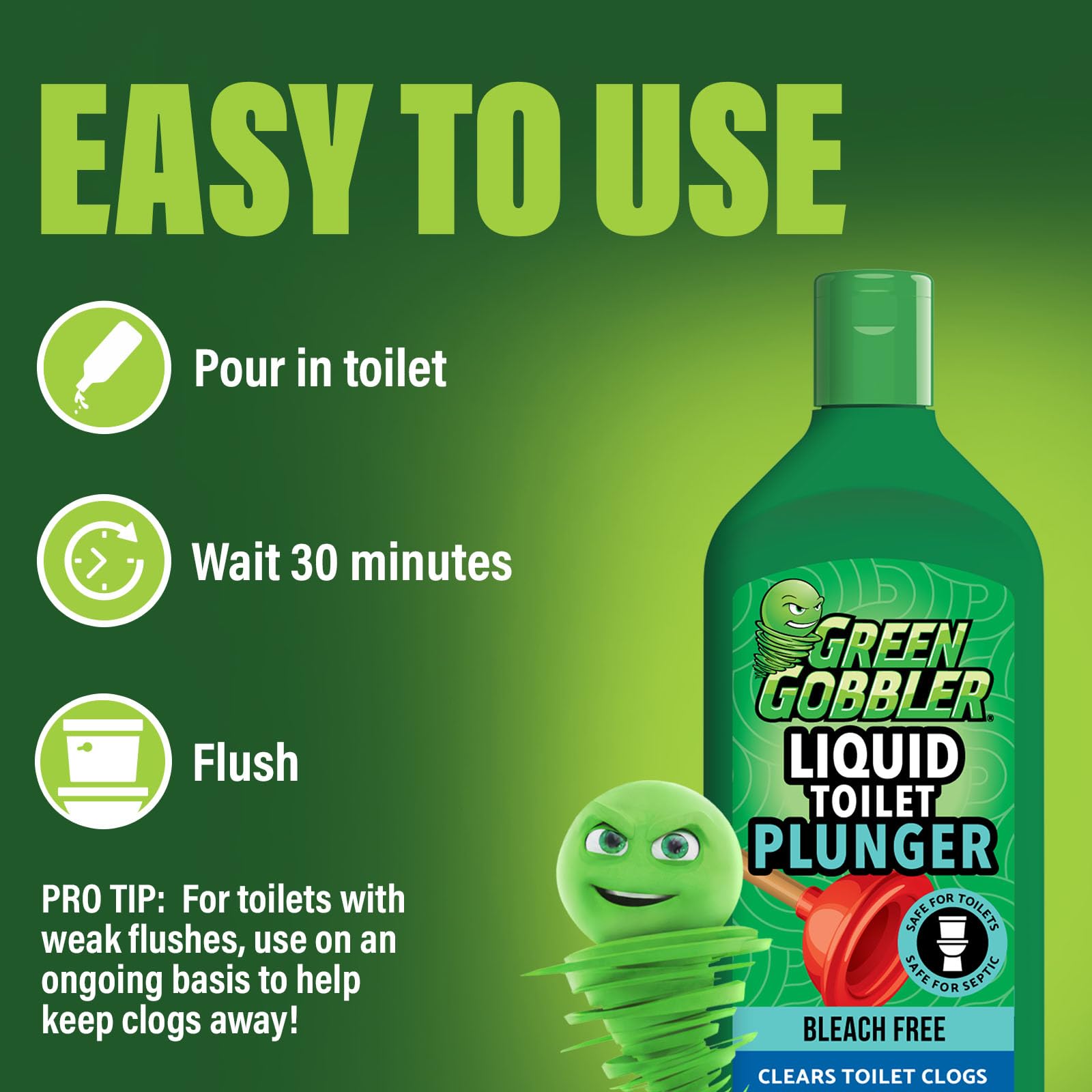 Green Gobbler en baño real mostrando uso práctico y mantenimiento fácil